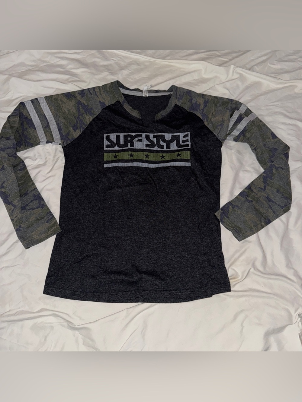 surf style Women's Black Raglan Tee with Green Camo Sleeves